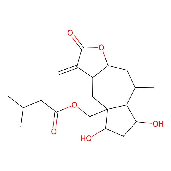 2D Structure of (6,8-dihydroxy-5-methyl-1-methylidene-2-oxo-4,5,5a,6,7,8,9,9a-octahydro-3aH-azuleno[6,5-b]furan-8a-yl)methyl 3-methylbutanoate