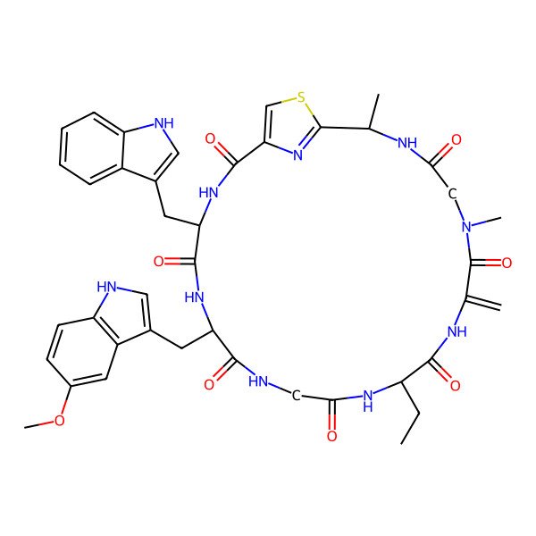 2D Structure of 13-Ethyl-4-(1H-indol-3-ylmethyl)-7-[(5-methoxy-1H-indol-3-yl)methyl]-18,22-dimethyl-16-methylidene-24-thia-3,6,9,12,15,18,21,26-octazabicyclo[21.2.1]hexacosa-1(25),23(26)-diene-2,5,8,11,14,17,20-heptone