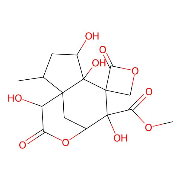 2D Structure of Methyl 4,5,7,11-tetrahydroxy-2-methyl-2',10-dioxospiro[9-oxatricyclo[6.3.1.01,5]dodecane-6,3'-oxetane]-7-carboxylate