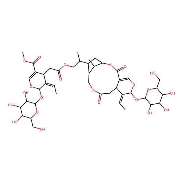 2D Structure of methyl (4S,5E,6S)-5-ethylidene-4-[2-[(2S)-2-[(1R,7S,8E,9S,14S,15S,17R)-8-ethylidene-17-methyl-3,11-dioxo-7-[(2S,3R,4S,5S,6R)-3,4,5-trihydroxy-6-(hydroxymethyl)oxan-2-yl]oxy-2,6,12-trioxatricyclo[12.2.1.04,9]heptadec-4-en-15-yl]propoxy]-2-oxoethyl]-6-[(2S,3R,4S,5S,6R)-3,4,5-trihydroxy-6-(hydroxymethyl)oxan-2-yl]oxy-4H-pyran-3-carboxylate