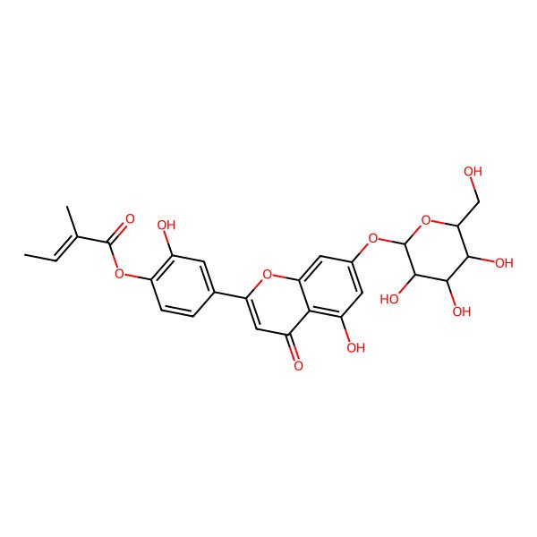 2D Structure of [2-Hydroxy-4-[5-hydroxy-4-oxo-7-[3,4,5-trihydroxy-6-(hydroxymethyl)oxan-2-yl]oxychromen-2-yl]phenyl] 2-methylbut-2-enoate