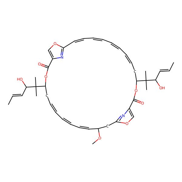 2D Structure of (4S,6Z,8Z,10E,12Z,20S,22Z,24Z,26E,28R)-4,20-bis[(E,3S)-3-hydroxy-2-methylhex-4-en-2-yl]-28-methoxy-3,15,19,31-tetraoxa-33,34-diazatricyclo[28.2.1.114,17]tetratriaconta-1(32),6,8,10,12,14(34),16,22,24,26,30(33)-undecaene-2,18-dione