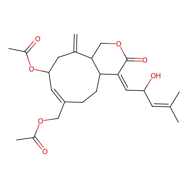 2D Structure of [(4E,4aS,7Z,9S,11aR)-9-acetyloxy-4-[(2R)-2-hydroxy-4-methylpent-3-enylidene]-11-methylidene-3-oxo-4a,5,6,9,10,11a-hexahydro-1H-cyclonona[c]pyran-7-yl]methyl acetate
