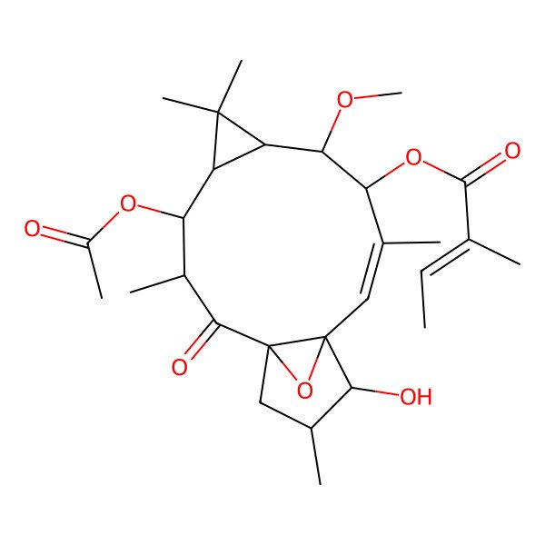 2D Structure of (4-Acetyloxy-13-hydroxy-8-methoxy-3,6,6,10,14-pentamethyl-2-oxo-16-oxatetracyclo[10.3.1.01,12.05,7]hexadec-10-en-9-yl) 2-methylbut-2-enoate