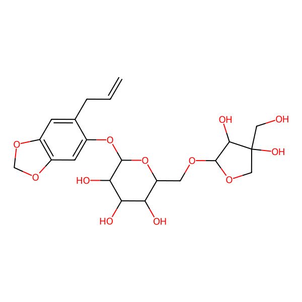 2D Structure of (2R,3S,4S,5R,6S)-2-[[(2R,3R,4R)-3,4-dihydroxy-4-(hydroxymethyl)oxolan-2-yl]oxymethyl]-6-[(6-prop-2-enyl-1,3-benzodioxol-5-yl)oxy]oxane-3,4,5-triol