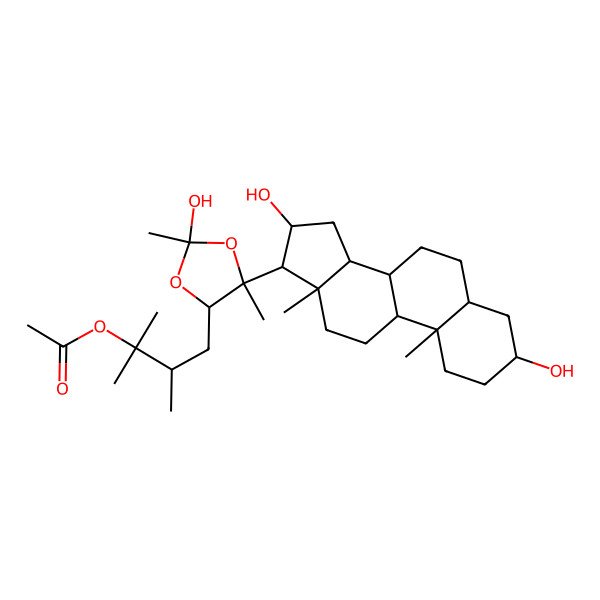 2D Structure of [(3R)-4-[(2S,4R,5S)-5-[(3S,5S,8R,9S,10S,13S,14S,16S,17R)-3,16-dihydroxy-10,13-dimethyl-2,3,4,5,6,7,8,9,11,12,14,15,16,17-tetradecahydro-1H-cyclopenta[a]phenanthren-17-yl]-2-hydroxy-2,5-dimethyl-1,3-dioxolan-4-yl]-2,3-dimethylbutan-2-yl] acetate