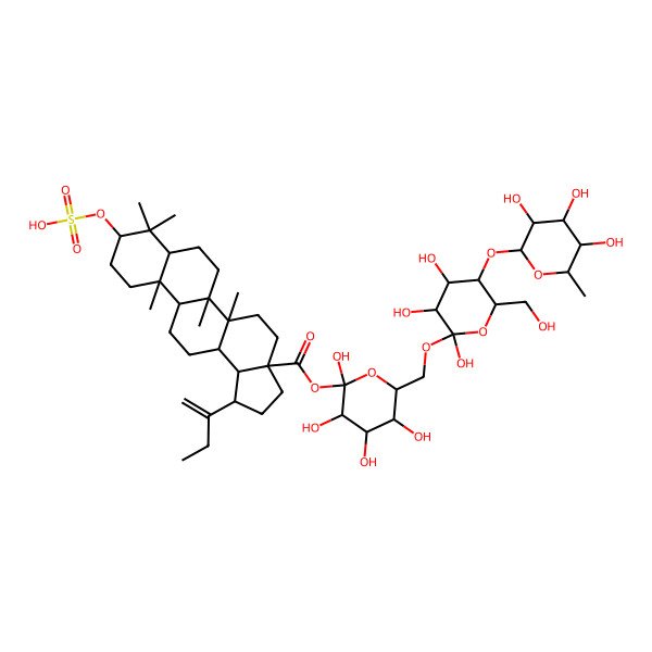 2D Structure of [(2R,3S,5S)-2,3,4,5-tetrahydroxy-6-[[(2S,3S,5S)-2,3,4-trihydroxy-6-(hydroxymethyl)-5-[(3S,4S,5S,6R)-3,4,5-trihydroxy-6-methyloxan-2-yl]oxyoxan-2-yl]oxymethyl]oxan-2-yl] (1R,3aS,5aR,5bR,7aR,9R,11aR,11bR,13aR,13bR)-1-but-1-en-2-yl-5a,5b,8,8,11a-pentamethyl-9-sulfooxy-1,2,3,4,5,6,7,7a,9,10,11,11b,12,13,13a,13b-hexadecahydrocyclopenta[a]chrysene-3a-carboxylate