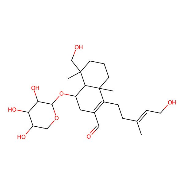 2D Structure of 5-(Hydroxymethyl)-1-(5-hydroxy-3-methylpent-3-enyl)-5,8a-dimethyl-4-(3,4,5-trihydroxyoxan-2-yl)oxy-3,4,4a,6,7,8-hexahydronaphthalene-2-carbaldehyde