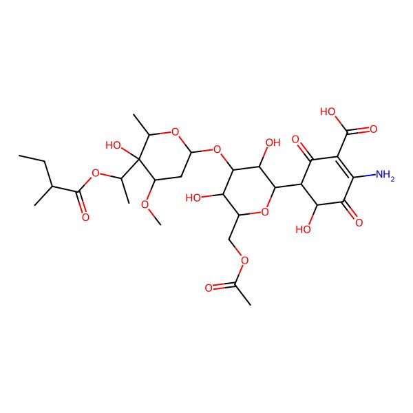 2D Structure of 5-[6-(acetyloxymethyl)-3,5-dihydroxy-4-[5-hydroxy-4-methoxy-6-methyl-5-[1-(2-methylbutanoyloxy)ethyl]oxan-2-yl]oxyoxan-2-yl]-2-amino-4-hydroxy-3,6-dioxocyclohexene-1-carboxylic acid