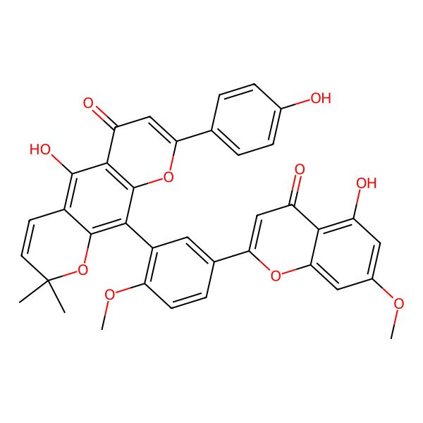 2D Structure of 5-Hydroxy-10-[5-(5-hydroxy-7-methoxy-4-oxochromen-2-yl)-2-methoxyphenyl]-8-(4-hydroxyphenyl)-2,2-dimethylpyrano[3,2-g]chromen-6-one