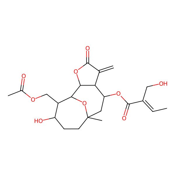 2D Structure of [(1R,2S,6R,7R,9R,12S,13S)-13-(acetyloxymethyl)-12-hydroxy-9-methyl-5-methylidene-4-oxo-3,14-dioxatricyclo[7.4.1.02,6]tetradecan-7-yl] (Z)-2-(hydroxymethyl)but-2-enoate