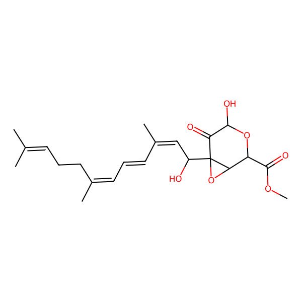 2D Structure of Methyl 4-hydroxy-6-(1-hydroxy-3,7,11-trimethyldodeca-2,4,6,10-tetraenyl)-5-oxo-3,7-dioxabicyclo[4.1.0]heptane-2-carboxylate