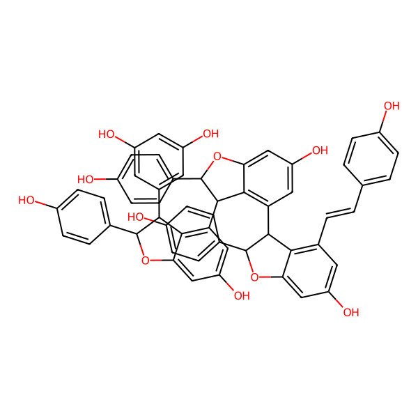 2D Structure of 5-[6-hydroxy-4-[6-hydroxy-4-[6-hydroxy-2-(4-hydroxyphenyl)-4-[(E)-2-(4-hydroxyphenyl)vinyl]-2,3-dihydrobenzofuran-3-yl]-2-(4-hydroxyphenyl)-2,3-dihydrobenzofuran-3-yl]-2-(4-hydroxyphenyl)-2,3-dihydrobenzofuran-3-yl]benzene-1,3-diol