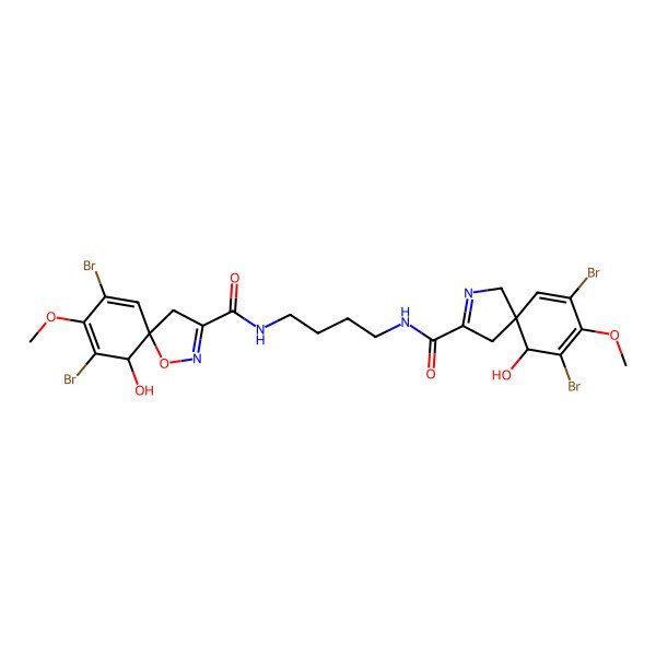 2D Structure of 7,9-dibromo-N-[4-[(7,9-dibromo-10-hydroxy-8-methoxy-2-azaspiro[4.5]deca-2,6,8-triene-3-carbonyl)amino]butyl]-6-hydroxy-8-methoxy-1-oxa-2-azaspiro[4.5]deca-2,7,9-triene-3-carboxamide