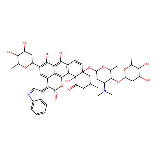 2D Structure of 15-[(2R,4R,5S,6R)-4,5-dihydroxy-6-methyloxan-2-yl]-8-[(2R,4R,5R,6R)-5-[(2R,4R,5R,6R)-4,5-dihydroxy-6-methyloxan-2-yl]oxy-4-(dimethylamino)-6-methyloxan-2-yl]oxy-3,12,14-trihydroxy-18-indol-3-ylidene-6-methyl-20-oxapentacyclo[11.7.1.02,11.03,8.017,21]henicosa-1(21),2(11),9,12,14,16-hexaene-4,19-dione