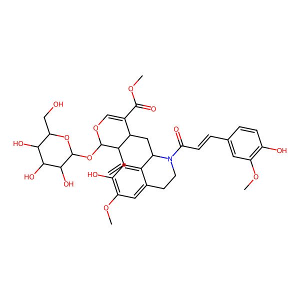 2D Structure of methyl 3-ethenyl-4-[[7-hydroxy-2-[3-(4-hydroxy-3-methoxyphenyl)prop-2-enoyl]-6-methoxy-3,4-dihydro-1H-isoquinolin-1-yl]methyl]-2-[3,4,5-trihydroxy-6-(hydroxymethyl)oxan-2-yl]oxy-3,4-dihydro-2H-pyran-5-carboxylate