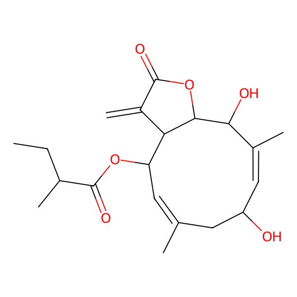 2D Structure of [(3aS,4R,5Z,8S,9Z,11R,11aR)-8,11-dihydroxy-6,10-dimethyl-3-methylidene-2-oxo-3a,4,7,8,11,11a-hexahydrocyclodeca[b]furan-4-yl] (2R)-2-methylbutanoate