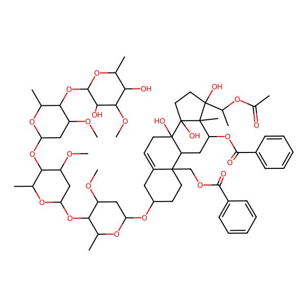 2D Structure of [(3S,8S,9R,10S,12R,13R,14R,17S)-17-[(1S)-1-acetyloxyethyl]-12-benzoyloxy-3-[(2R,4S,5R,6R)-5-[(2S,4S,5R,6R)-5-[(2S,4S,5R,6R)-5-[(2S,3R,4S,5R,6R)-3,5-dihydroxy-4-methoxy-6-methyloxan-2-yl]oxy-4-methoxy-6-methyloxan-2-yl]oxy-4-methoxy-6-methyloxan-2-yl]oxy-4-methoxy-6-methyloxan-2-yl]oxy-8,14,17-trihydroxy-13-methyl-1,2,3,4,7,9,11,12,15,16-decahydrocyclopenta[a]phenanthren-10-yl]methyl benzoate