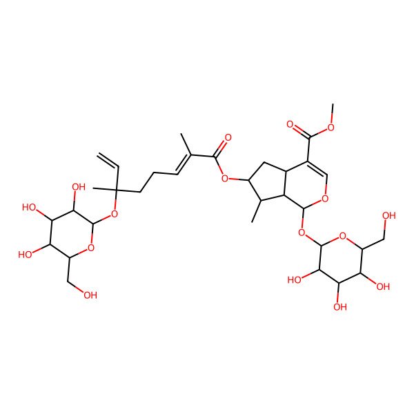 2D Structure of methyl (1S,4aS,6S,7R,7aS)-6-[(2E,6R)-2,6-dimethyl-6-[(2S,3R,4S,5S,6R)-3,4,5-trihydroxy-6-(hydroxymethyl)oxan-2-yl]oxyocta-2,7-dienoyl]oxy-7-methyl-1-[(2S,3R,4S,5S,6R)-3,4,5-trihydroxy-6-(hydroxymethyl)oxan-2-yl]oxy-1,4a,5,6,7,7a-hexahydrocyclopenta[c]pyran-4-carboxylate