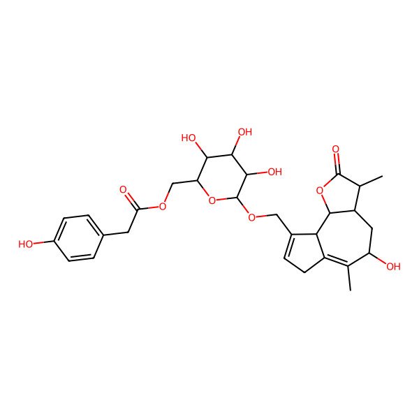 2D Structure of [(2R,3S,4S,5R,6R)-6-[[(3S,3aS,5R,9aR,9bS)-5-hydroxy-3,6-dimethyl-2-oxo-3a,4,5,7,9a,9b-hexahydro-3H-azuleno[8,7-b]furan-9-yl]methoxy]-3,4,5-trihydroxyoxan-2-yl]methyl 2-(4-hydroxyphenyl)acetate
