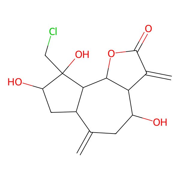 2D Structure of 9-(Chloromethyl)-4,8,9-trihydroxy-3,6-dimethylidene-3a,4,5,6a,7,8,9a,9b-octahydroazuleno[4,5-b]furan-2-one