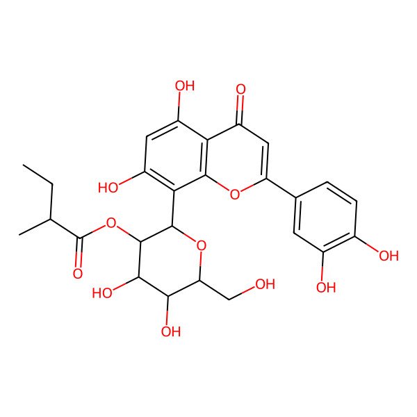 2D Structure of [(2S,3S,4S,5R,6R)-2-[2-(3,4-dihydroxyphenyl)-5,7-dihydroxy-4-oxochromen-8-yl]-4,5-dihydroxy-6-(hydroxymethyl)oxan-3-yl] (2R)-2-methylbutanoate