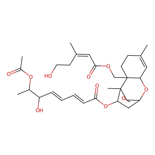 2D Structure of [2-[(5-Hydroxy-3-methylpent-2-enoyl)oxymethyl]-1,5-dimethylspiro[8-oxatricyclo[7.2.1.02,7]dodec-5-ene-12,2'-oxirane]-11-yl] 7-acetyloxy-6-hydroxyocta-2,4-dienoate