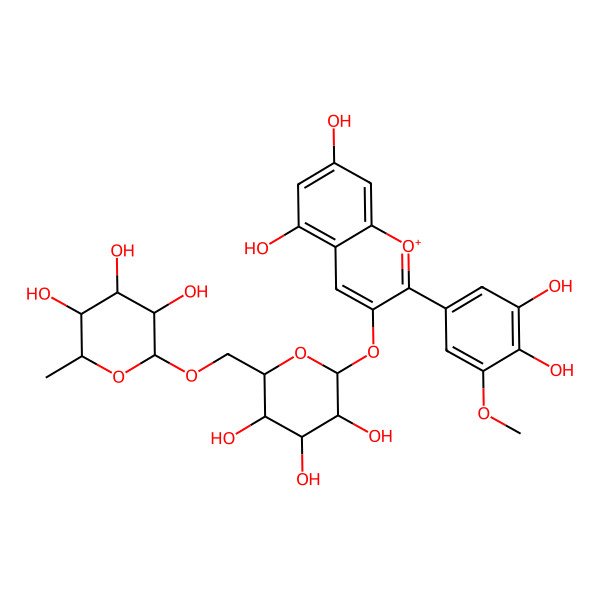 2D Structure of (2R,3R,4S,5R,6R)-2-[[(2R,3S,4R,5R,6S)-6-[2-(3,4-dihydroxy-5-methoxyphenyl)-5,7-dihydroxychromenylium-3-yl]oxy-3,4,5-trihydroxyoxan-2-yl]methoxy]-6-methyloxane-3,4,5-triol