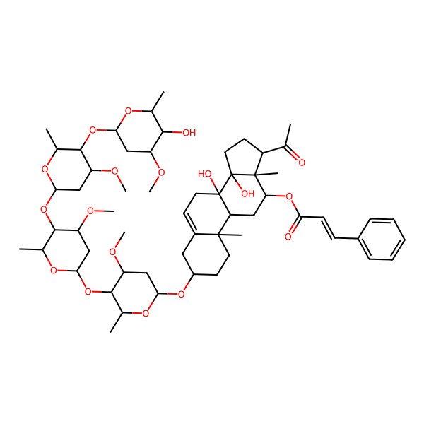 2D Structure of [(3S,8S,9R,10R,12R,13S,14R,17R)-17-acetyl-8,14-dihydroxy-3-[(2R,4S,5R,6R)-5-[(2S,4R,5R,6R)-5-[(2S,4S,5R,6R)-5-[(2S,4R,5R,6R)-5-hydroxy-4-methoxy-6-methyloxan-2-yl]oxy-4-methoxy-6-methyloxan-2-yl]oxy-4-methoxy-6-methyloxan-2-yl]oxy-4-methoxy-6-methyloxan-2-yl]oxy-10,13-dimethyl-2,3,4,7,9,11,12,15,16,17-decahydro-1H-cyclopenta[a]phenanthren-12-yl] (E)-3-phenylprop-2-enoate
