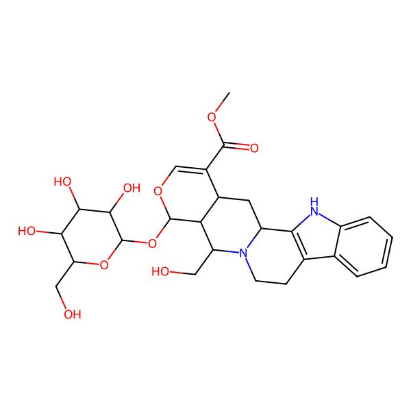 2D Structure of methyl (1S,14R,15S,16S,20S)-14-(hydroxymethyl)-16-[(2S,3R,4S,5S,6R)-3,4,5-trihydroxy-6-(hydroxymethyl)oxan-2-yl]oxy-17-oxa-3,13-diazapentacyclo[11.8.0.02,10.04,9.015,20]henicosa-2(10),4,6,8,18-pentaene-19-carboxylate