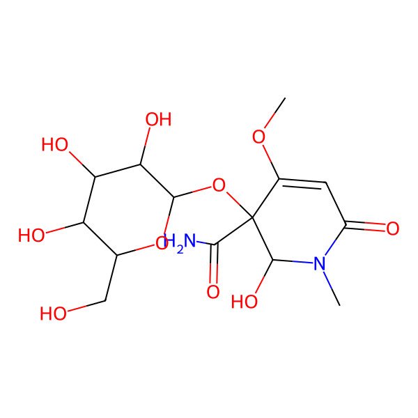 2D Structure of (2S,3R)-2-hydroxy-4-methoxy-1-methyl-6-oxo-3-[(2S,3R,4S,5S,6R)-3,4,5-trihydroxy-6-(hydroxymethyl)oxan-2-yl]oxy-2H-pyridine-3-carboxamide