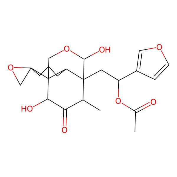 2D Structure of [(1S)-2-[(2R,6S,8S,11R,13S)-8,11-dihydroxy-13-methyl-12-oxospiro[9-oxatricyclo[5.3.3.01,6]tridecane-2,2'-oxirane]-7-yl]-1-(furan-3-yl)ethyl] acetate