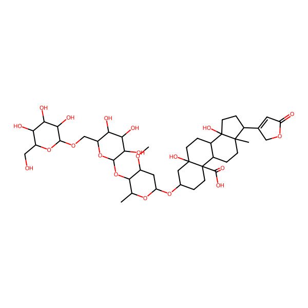 2D Structure of (3S,5S,8R,9S,10S,13R,14S,17R)-5,14-dihydroxy-3-[(2S,4R,5S,6S)-4-methoxy-6-methyl-5-[(2S,3R,4S,5S,6R)-3,4,5-trihydroxy-6-[[(2S,3S,4R,5R,6S)-3,4,5-trihydroxy-6-(hydroxymethyl)oxan-2-yl]oxymethyl]oxan-2-yl]oxyoxan-2-yl]oxy-13-methyl-17-(5-oxo-2H-furan-3-yl)-2,3,4,6,7,8,9,11,12,15,16,17-dodecahydro-1H-cyclopenta[a]phenanthrene-10-carboxylic acid