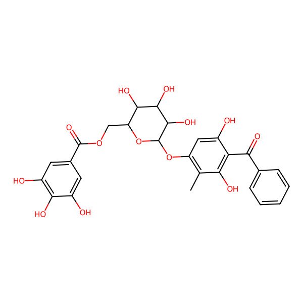2D Structure of [(2R,3S,4S,5R,6S)-6-(4-benzoyl-3,5-dihydroxy-2-methylphenoxy)-3,4,5-trihydroxyoxan-2-yl]methyl 3,4,5-trihydroxybenzoate