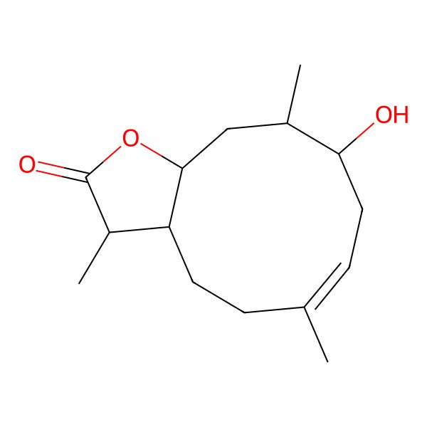 2D Structure of (3R,3aS,6E,9R,10S,11aR)-9-hydroxy-3,6,10-trimethyl-3a,4,5,8,9,10,11,11a-octahydro-3H-cyclodeca[b]furan-2-one