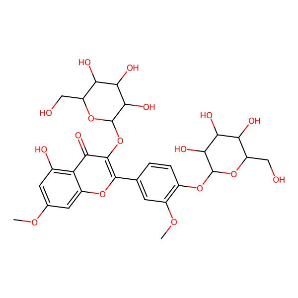 2D Structure of 5-hydroxy-7-methoxy-2-[3-methoxy-4-[(2S,3R,4S,5S,6R)-3,4,5-trihydroxy-6-(hydroxymethyl)oxan-2-yl]oxyphenyl]-3-[(2S,3R,4S,5S,6R)-3,4,5-trihydroxy-6-(hydroxymethyl)oxan-2-yl]oxychromen-4-one
