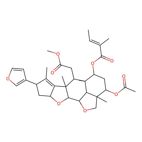 2D Structure of 3-(Acetyloxy)-8-(furan-3-yl)-6-(2-methoxy-2-oxoethyl)-2a,5a,6a,7-tetramethyl-2a,4,5,5a,6,6a,8,9,9a,10a,10b,10c-dodecahydro-2H,3H-cyclopenta[d]naphtho[2,3-b:1,8-b'c']difuran-5-yl 2-methylbut-2-enoate