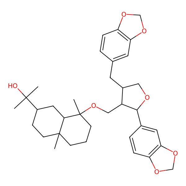 2D Structure of 2-[(2S,4aS,8S,8aS)-8-[[(2S,3R,4R)-2-(1,3-benzodioxol-5-yl)-4-(1,3-benzodioxol-5-ylmethyl)oxolan-3-yl]methoxy]-4a,8-dimethyl-1,2,3,4,5,6,7,8a-octahydronaphthalen-2-yl]propan-2-ol