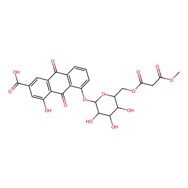 2D Structure of 4-Hydroxy-9,10-dioxo-5-[3,4,5-trihydroxy-6-[(3-methoxy-3-oxopropanoyl)oxymethyl]oxan-2-yl]oxyanthracene-2-carboxylic acid