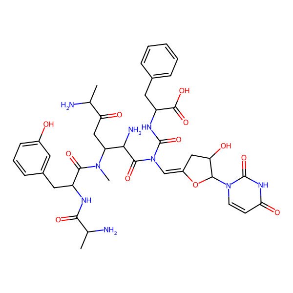 2D Structure of 2-[[[(6S)-2,6-diamino-3-[[(2S)-2-[[(2S)-2-aminopropanoyl]amino]-3-(3-hydroxyphenyl)propanoyl]-methylamino]-5-oxoheptanoyl]-[(E)-[5-(2,4-dioxopyrimidin-1-yl)-4-hydroxyoxolan-2-ylidene]methyl]carbamoyl]amino]-3-phenylpropanoic acid