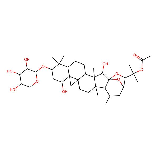 2D Structure of 2-[2,11-Dihydroxy-3,8,8,17,19-pentamethyl-9-(3,4,5-trihydroxyoxan-2-yl)oxy-23,24-dioxaheptacyclo[19.2.1.01,18.03,17.04,14.07,12.012,14]tetracosan-22-yl]propan-2-yl acetate