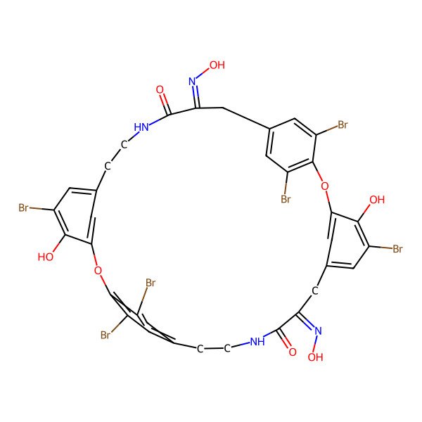 2D Structure of (12E,25E)-5,16,21,32,33,36-hexabromo-4,20-dihydroxy-12,25-bis(hydroxyimino)-2,18-dioxa-10,27-diazapentacyclo[28.2.2.214,17.13,7.119,23]octatriaconta-1(32),3,5,7(38),14,16,19,21,23(35),30,33,36-dodecaene-11,26-dione