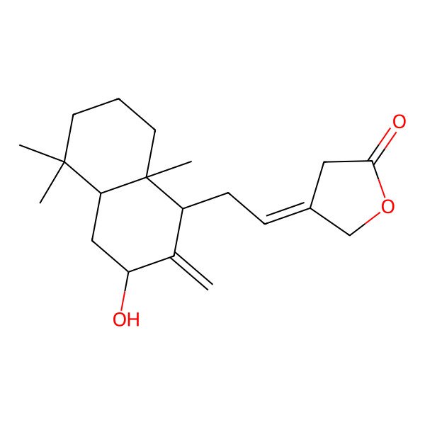2D Structure of 4-[2-(3-hydroxy-5,5,8a-trimethyl-2-methylidene-3,4,4a,6,7,8-hexahydro-1H-naphthalen-1-yl)ethylidene]oxolan-2-one