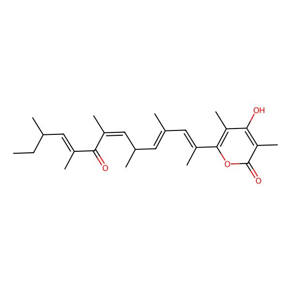 2D Structure of 4-hydroxy-3,5-dimethyl-6-[(2E,4E,6S,7E,10E,12S)-4,6,8,10,12-pentamethyl-9-oxotetradeca-2,4,7,10-tetraen-2-yl]pyran-2-one