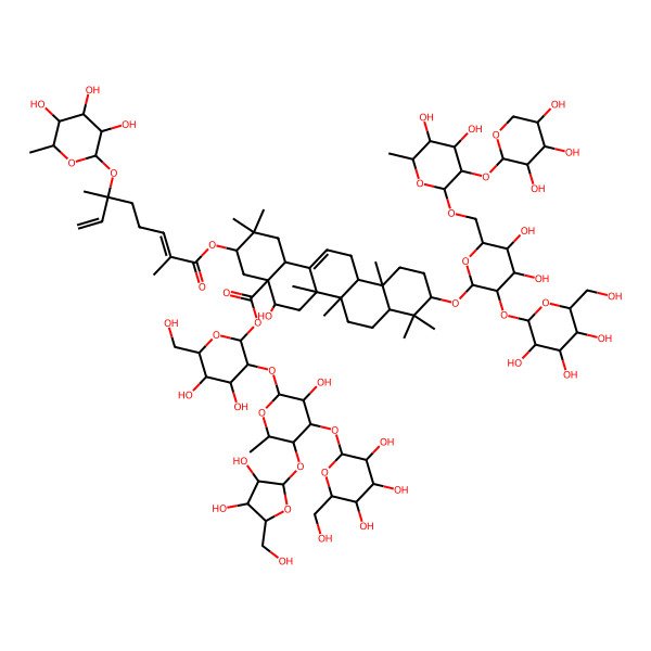 2D Structure of [(2S,3R,4S,5S,6R)-3-[(2S,3R,4S,5S,6S)-5-[(2S,3R,4R,5S)-3,4-dihydroxy-5-(hydroxymethyl)oxolan-2-yl]oxy-3-hydroxy-6-methyl-4-[(2S,3R,4S,5S,6R)-3,4,5-trihydroxy-6-(hydroxymethyl)oxan-2-yl]oxyoxan-2-yl]oxy-4,5-dihydroxy-6-(hydroxymethyl)oxan-2-yl] (3S,4aR,5R,6aR,6aS,6bR,8aR,10S,12aR,14bS)-10-[(2R,3R,4S,5S,6R)-6-[[(2R,3R,4S,5R,6R)-4,5-dihydroxy-6-methyl-3-[(2S,3R,4S,5S)-3,4,5-trihydroxyoxan-2-yl]oxyoxan-2-yl]oxymethyl]-4,5-dihydroxy-3-[(2S,3R,4S,5S,6R)-3,4,5-trihydroxy-6-(hydroxymethyl)oxan-2-yl]oxyoxan-2-yl]oxy-3-[(2E,6S)-2,6-dimethyl-6-[(2S,3R,4S,5S,6R)-3,4,5-trihydroxy-6-methyloxan-2-yl]oxyocta-2,7-dienoyl]oxy-5-hydroxy-2,2,6a,6b,9,9,12a-heptamethyl-1,3,4,5,6,6a,7,8,8a,10,11,12,13,14b-tetradecahydropicene-4a-carboxylate