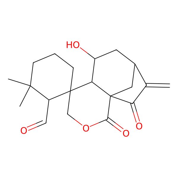 2D Structure of (1R,1'R,5R,6S,7R,9R)-7-hydroxy-2',2'-dimethyl-10-methylidene-2,11-dioxospiro[3-oxatricyclo[7.2.1.01,6]dodecane-5,6'-cyclohexane]-1'-carbaldehyde