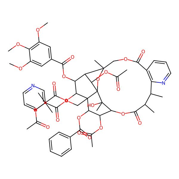 2D Structure of [(1R,3R,13S,14S,17S,18R,19S,20S,21S,22R,23S,24S,25S)-18,24-diacetyloxy-21-(2-acetyloxy-2-methylpropanoyl)oxy-19-benzoyloxy-25-hydroxy-3,13,14,25-tetramethyl-6,15-dioxo-22-(3,4,5-trimethoxybenzoyl)oxy-2,5,16-trioxa-11-azapentacyclo[15.7.1.01,20.03,23.07,12]pentacosa-7(12),8,10-trien-20-yl]methyl pyridine-3-carboxylate
