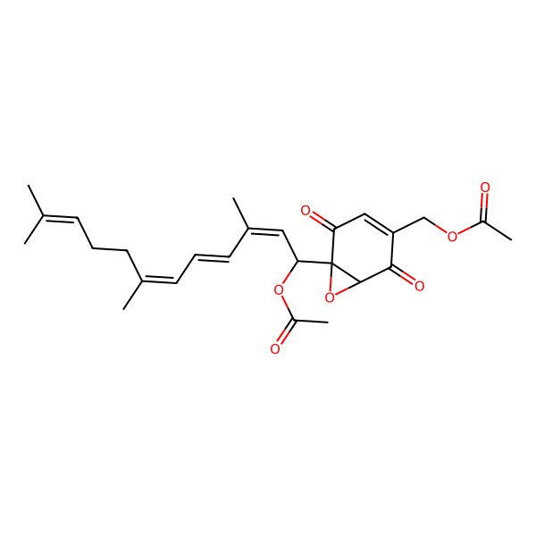 2D Structure of [(1S,6R)-6-[(1R,2E,4E,6E)-1-acetyloxy-3,7,11-trimethyldodeca-2,4,6,10-tetraenyl]-2,5-dioxo-7-oxabicyclo[4.1.0]hept-3-en-3-yl]methyl acetate