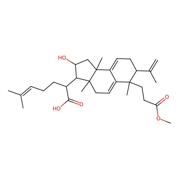 2D Structure of 2-[(2R,3R,3aR,6S,7S,9bR)-2-hydroxy-6-(3-methoxy-3-oxopropyl)-3a,6,9b-trimethyl-7-prop-1-en-2-yl-1,2,3,4,7,8-hexahydrocyclopenta[a]naphthalen-3-yl]-6-methylhept-5-enoic acid