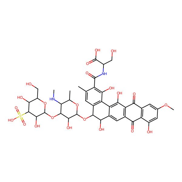 2D Structure of (2R)-2-[[(5S,6S)-5-[(2S,3R,4S,5S,6R)-4-[(2R,3S,4S,5R,6R)-3,5-dihydroxy-6-(hydroxymethyl)-4-sulfo-tetrahydropyran-2-yl]oxy-3-hydroxy-6-methyl-5-(methylamino)tetrahydropyran-2-yl]oxy-1,6,9,14-tetrahydroxy-11-methoxy-3-methyl-8,13-dioxo-5,6-dihydrobenzo[a]tetracene-2-carbonyl]amino]-3-hydroxy-propanoic acid